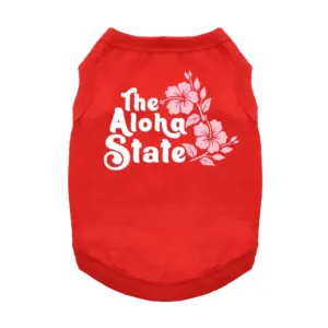 Red dog tank that says Aloha state in white and pink hibiscus flowers design