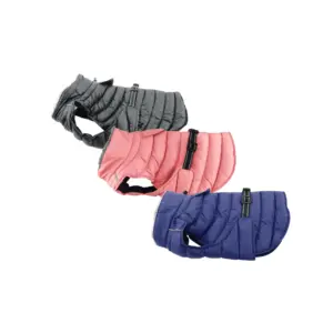 3 Alpine extreme weather puffer dog coats in black, peach, and navy