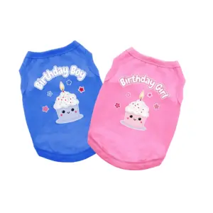 a blue tank that has a picture of a cupcake that says birthday boy and a pink tank that says Birthday Girl with a cupcake graphic.