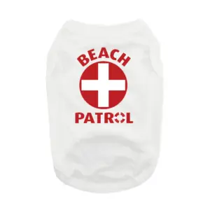 White dog tank with a Red Cross design and says Beach Patrol in red