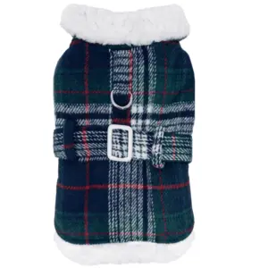 Blue & Green Plaid Sherpa Lined Dog Coat with white sherpa collar, D-ring, and matching belt