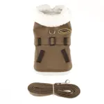 Brown faux leather bomber dog coat with a matching belt, black and gold patch that says copilot, white sherpa collar, and matching leash