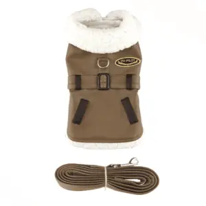 Brown faux leather bomber dog coat with a matching belt, black and gold patch that says copilot, white sherpa collar, and matching leash