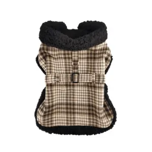 Brown Plaid Sherpa Dog Coat with a matching belt