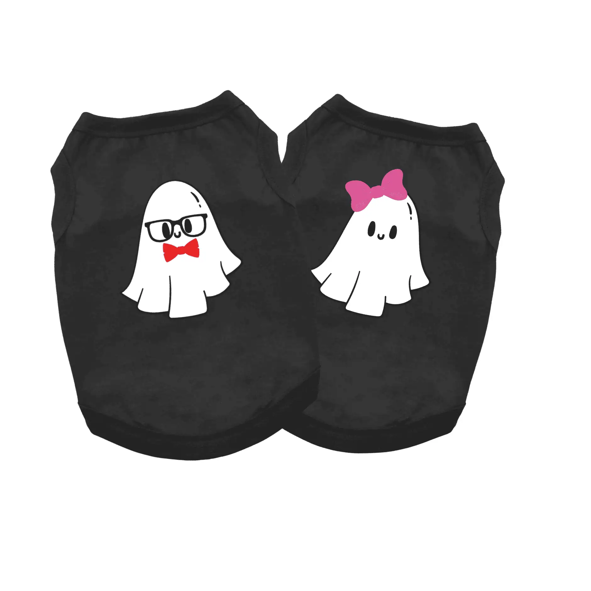 Two black dog tanks one is a Nerdy Ghost with glasses and a red bowtie and the other is a ghost with a pink bow at the head