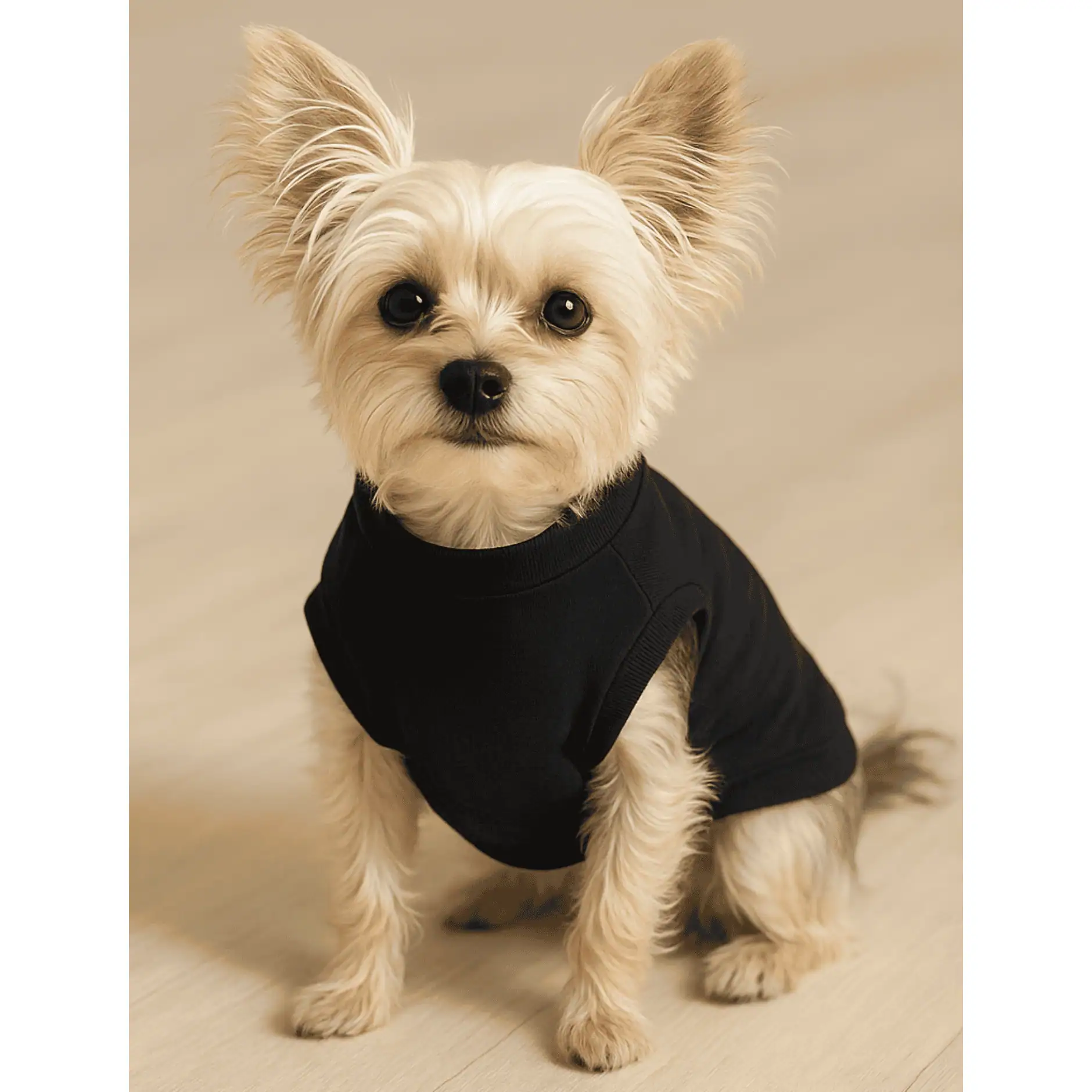 A yorkie dog sitting wearing a black dog tank