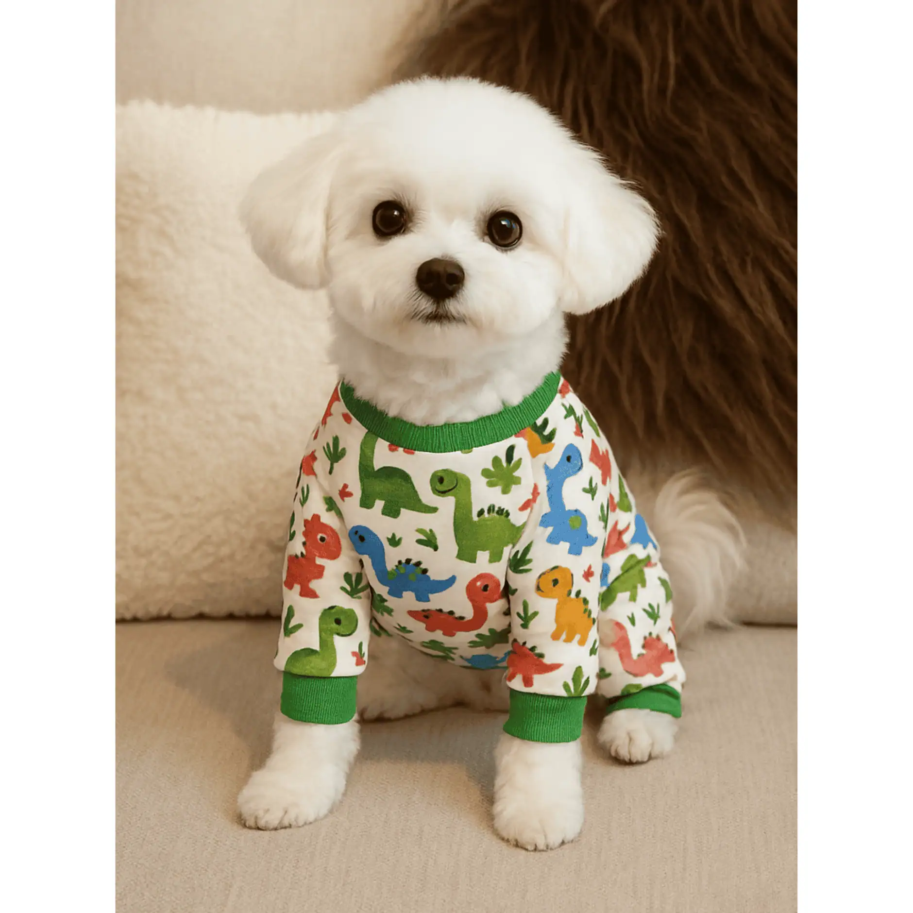 small white dog sitting facing forward, wearing white pajamas with colorful dinosaurs all over and green trim