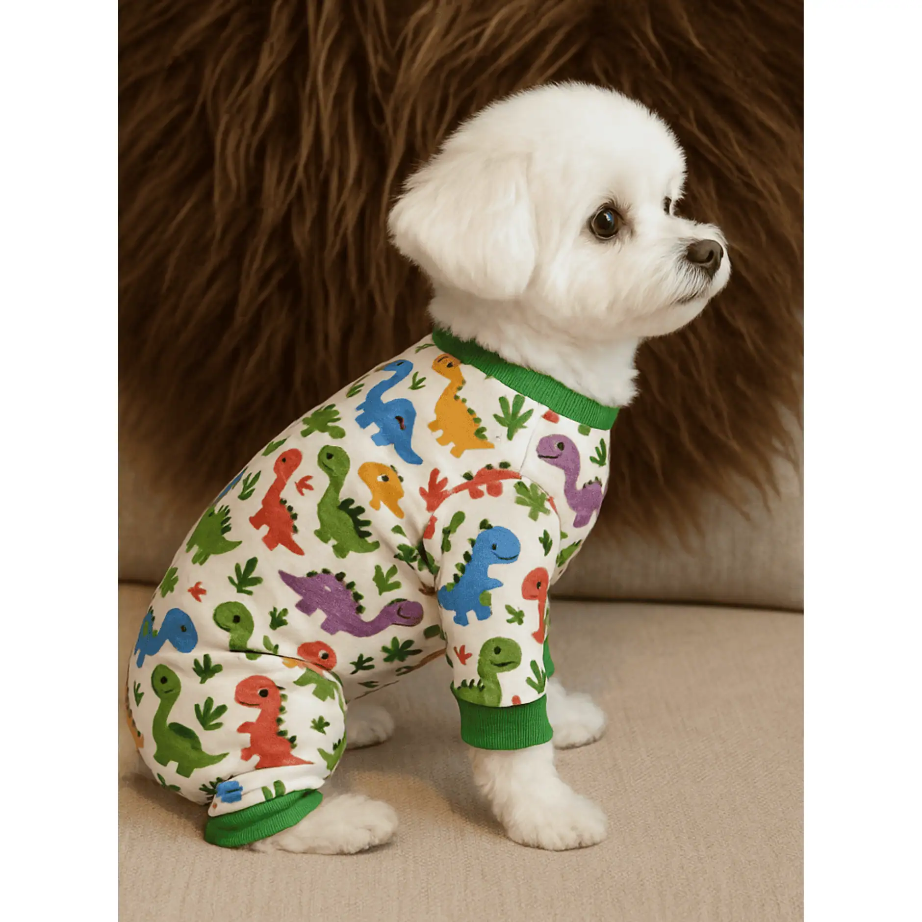 small white dog sitting facing sideways, wearing white pajamas with colorful dinosaurs all over and green trim