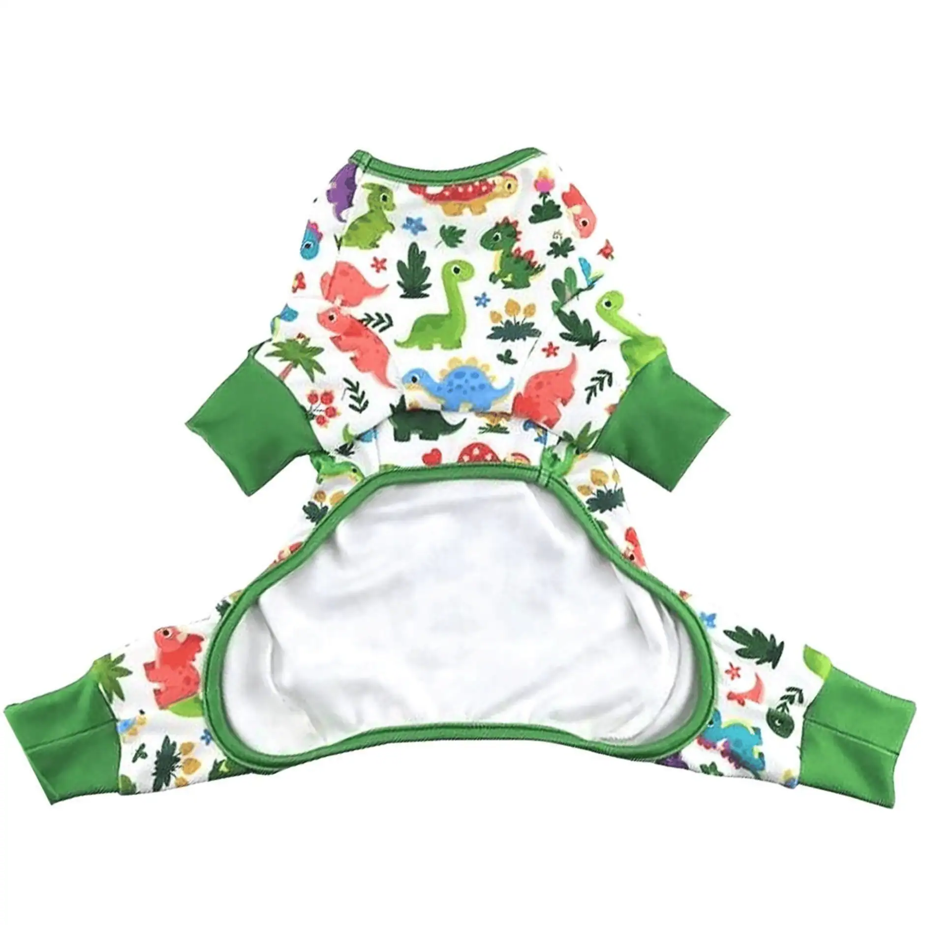 under side of soft dog pajamas with dinosaurs print all over