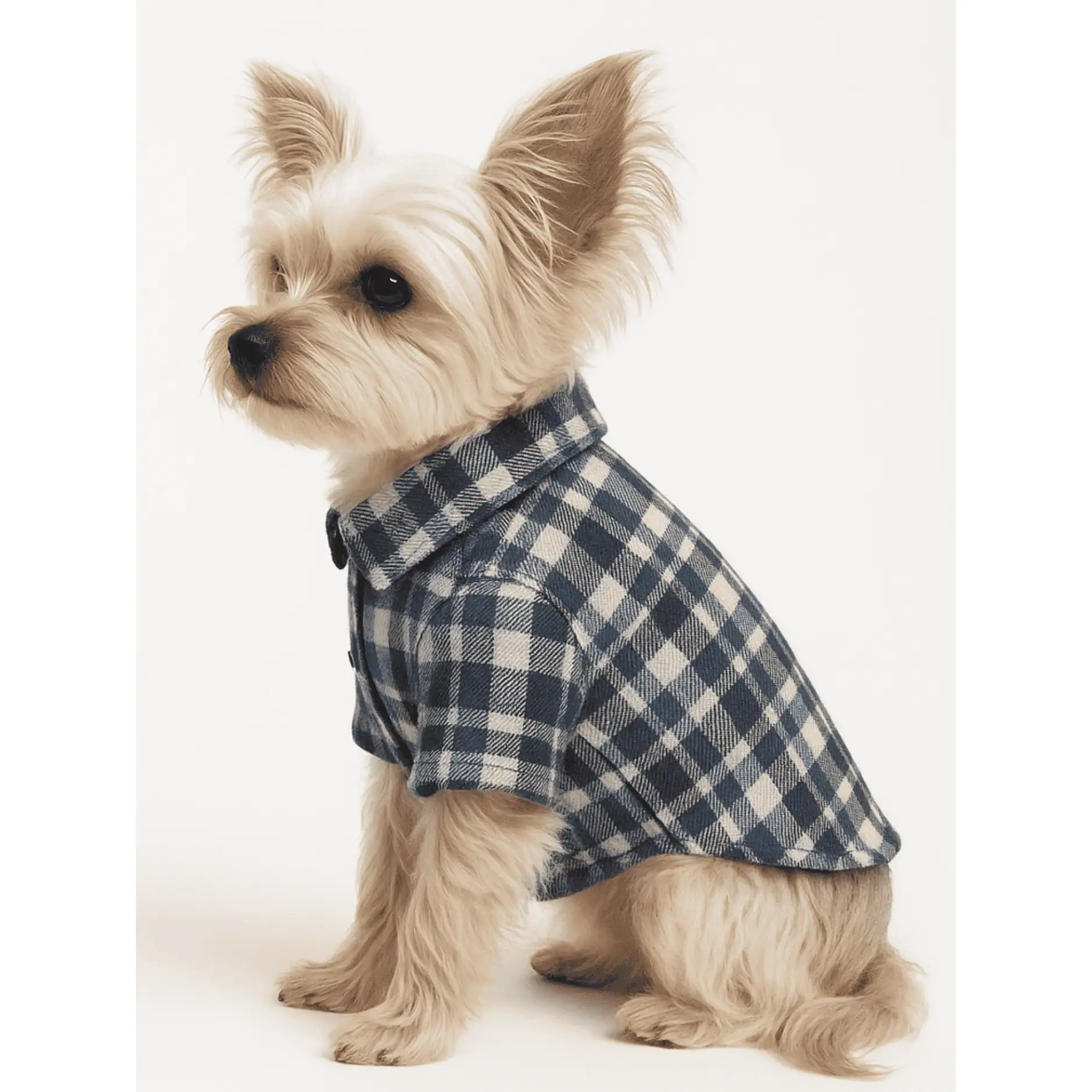 Small yorkie dog sitting and facing sideways, wearing a gray and blue plaid flannel collar shirt