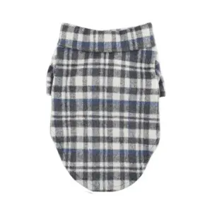 Back of Gray and blue plaid flannel collar dog shirt
