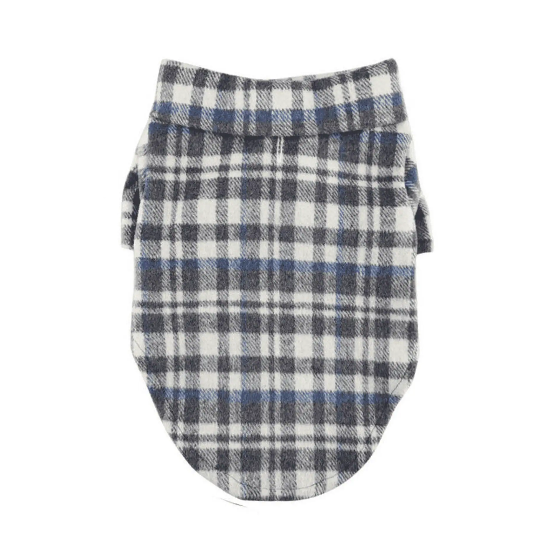 Back of Gray and blue plaid flannel collar dog shirt