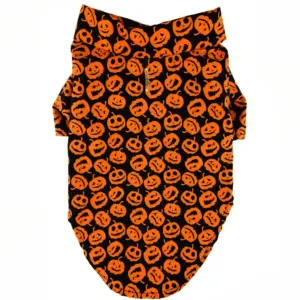 Black collared dog shirt with orange Halloween jack o lanterns