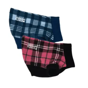 Two Highline plaid fleece dog coats. One in Blue plaid and one in pink plaid