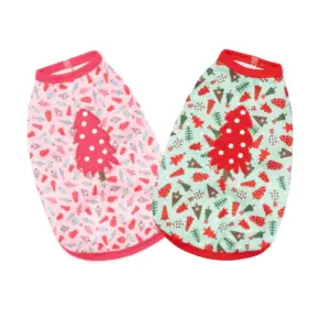 Festive Christmas dog tanks in pink and mint with holiday tree designs, shown side by side.