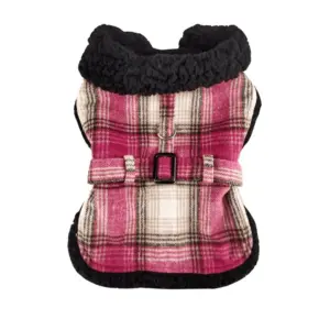 Hot pink and tan plaid sherpa dog coat with a matching belt, and black sherpa collar and lining.