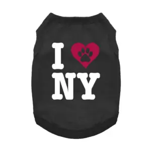 Black dog tank that says "I love New York" with a red heart and black paw design