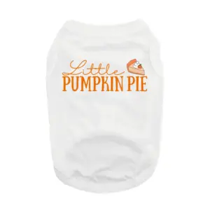 White dog tank that reads "Little Pumpkin Pie" in orange and a slice of pie design