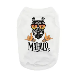 white dog tank that says Mahalo in black and a Hawaiian print design with hang loose Hands