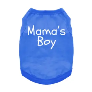 Blue dog tank that says Mama's Boy in white