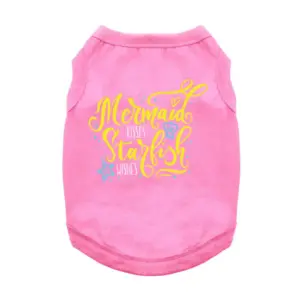 A carnation pink dog tank that says Mermaid kisses starfish wishes in yellow with a blue shell and starfish graphics