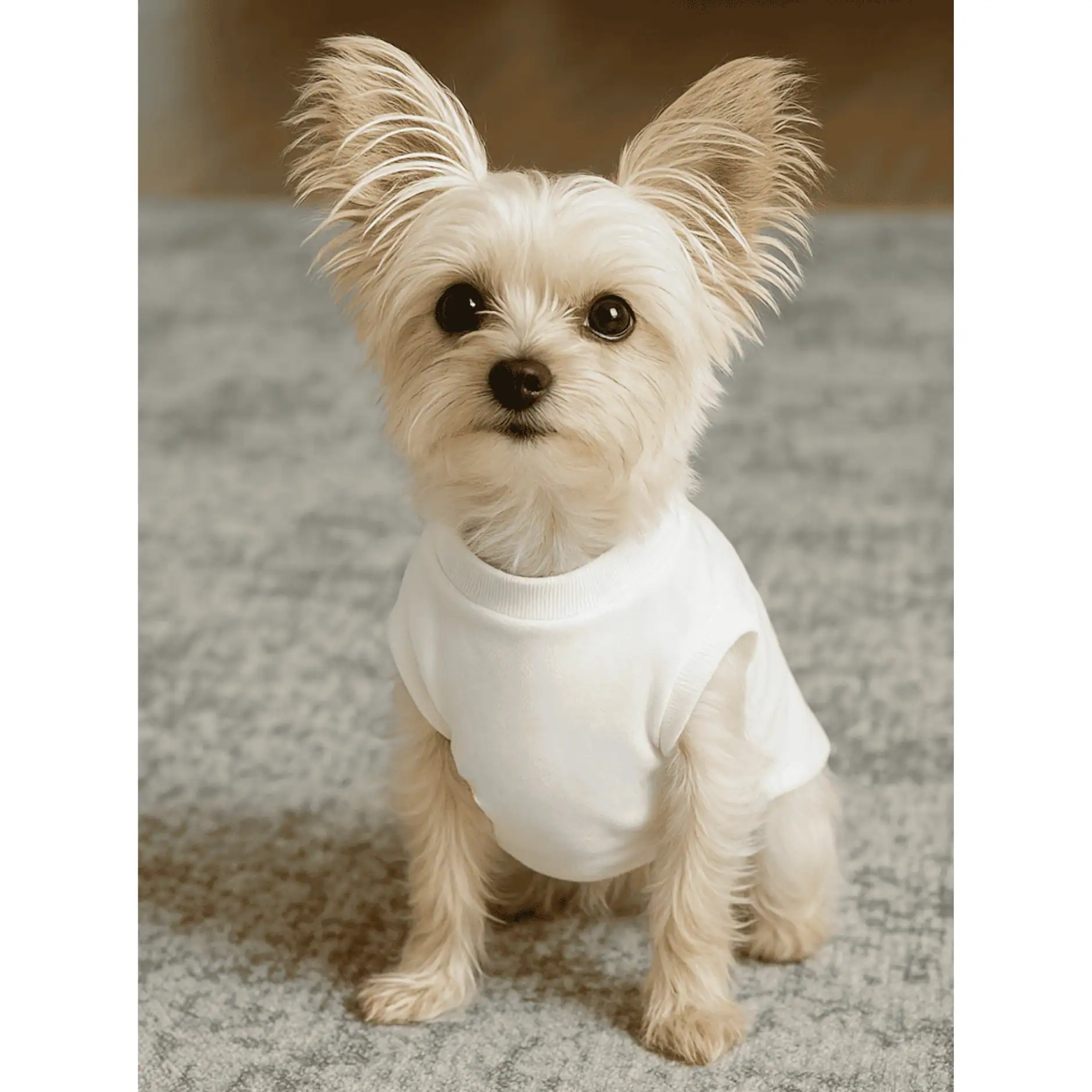 A small Yorkie sitting on the carpet and facing forward wearing a white tank