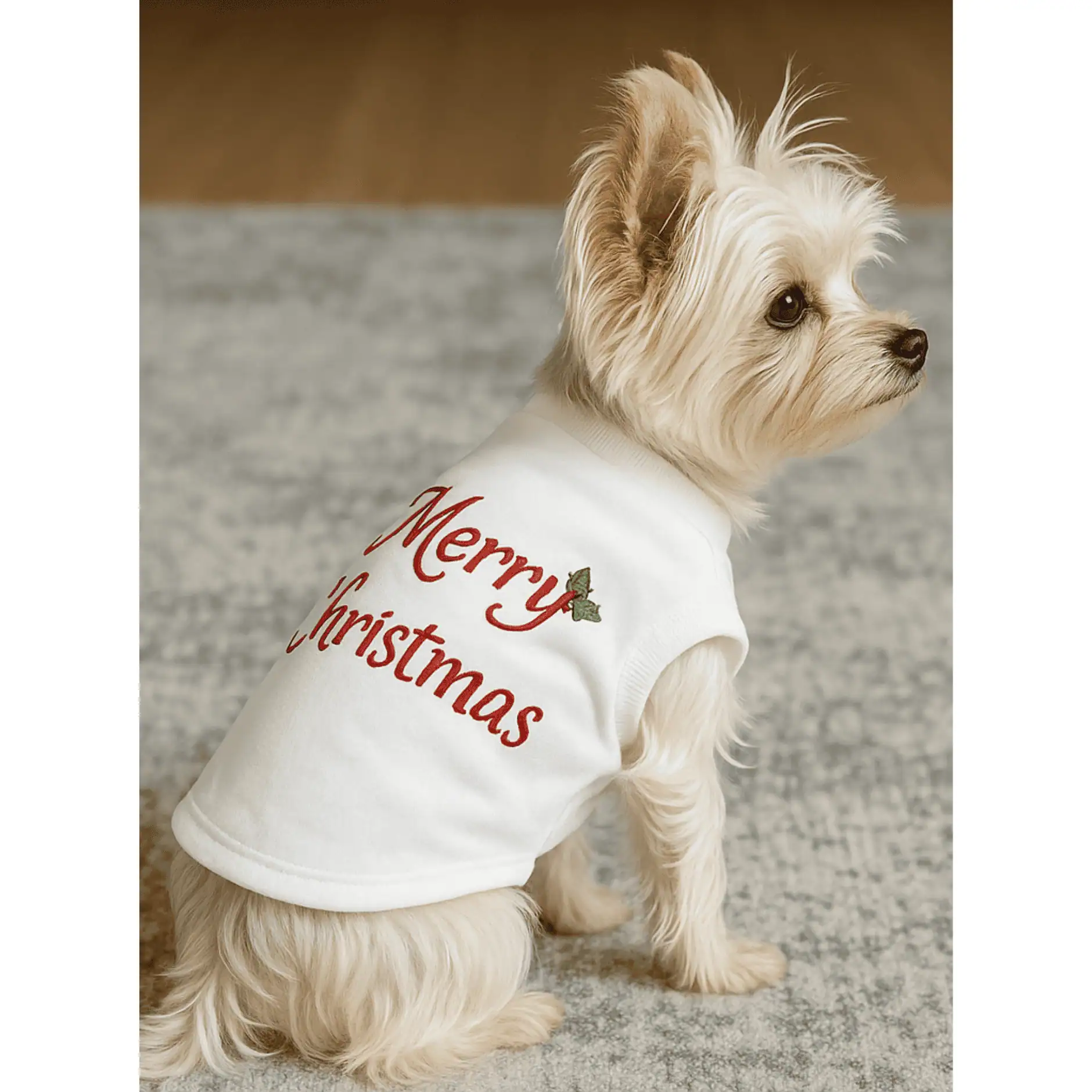 A small Yorkie sitting and facing with its back forward wearing a white tank that says "Merry Christmas" with red letters on the back.