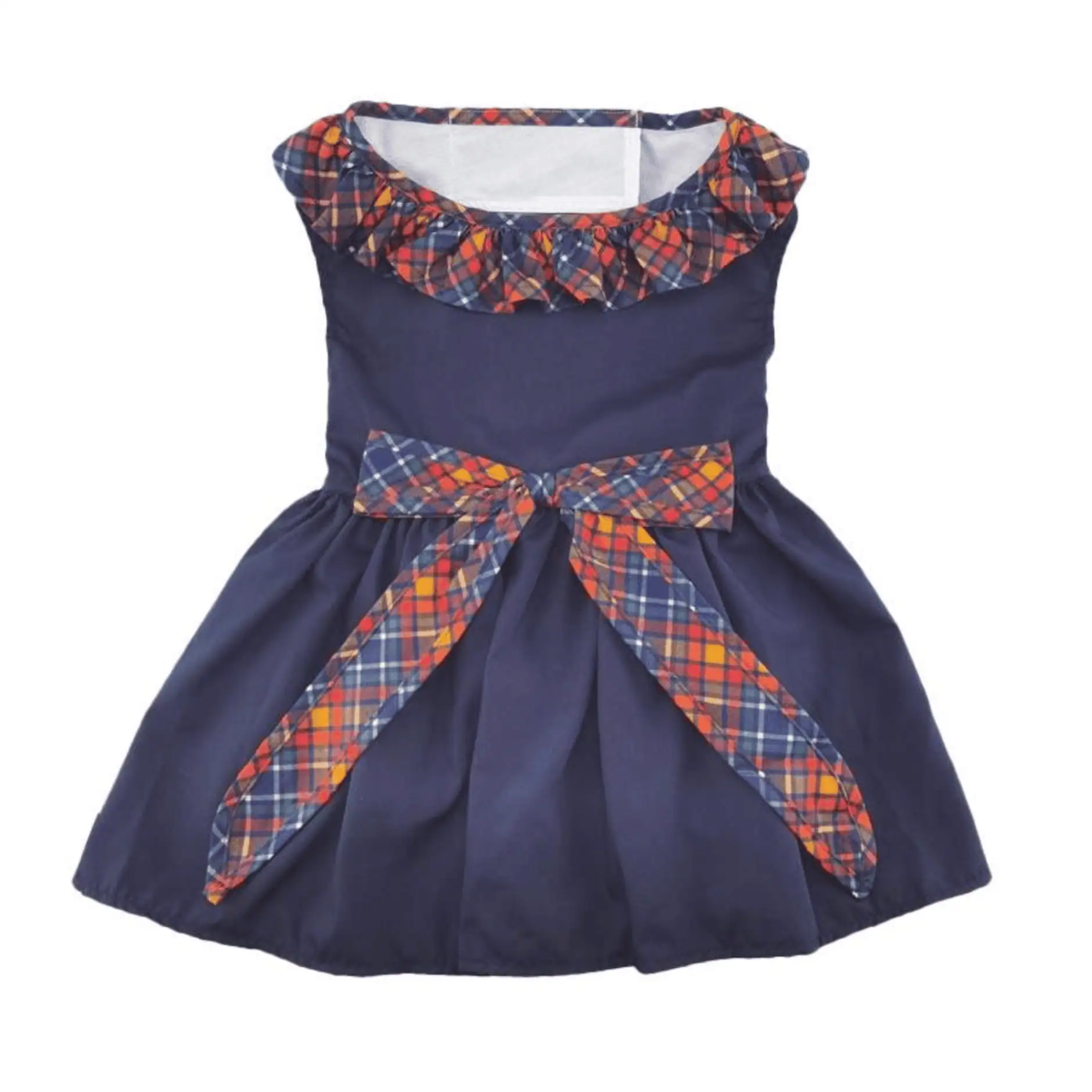 Navy blue dog dress with blue and orange plaid ruffles around the neck with a matching bow at the waist.