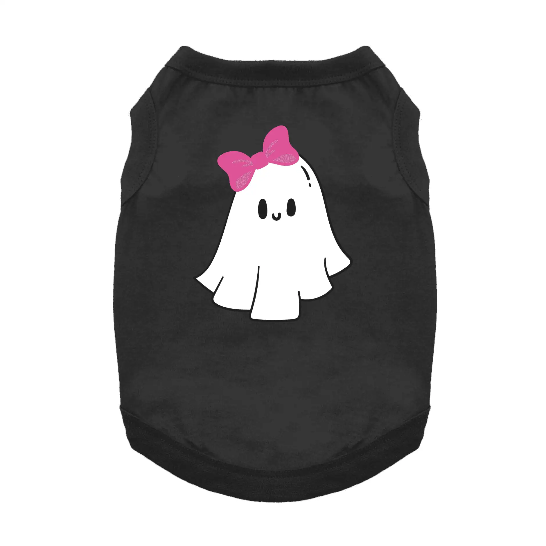 Black dog tank with a white ghost design wearing a pink bow