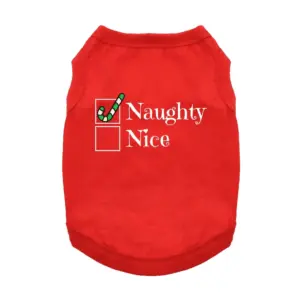 Red dog tank that has 2 white boxes and the words "Naughty" and "Nice". The Naughty is checked off with a candy cane checkmark