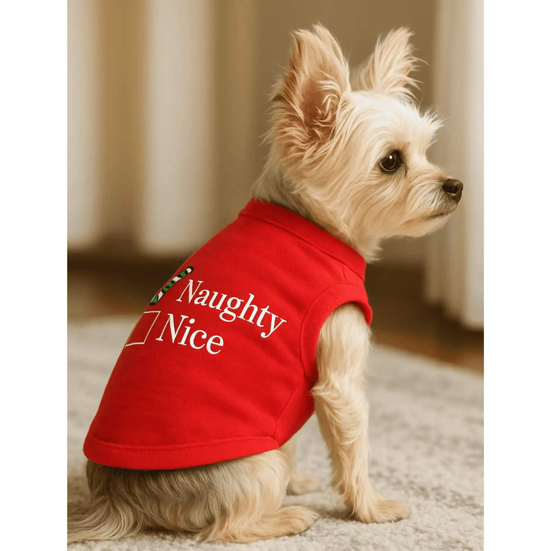 A Yorkie dog sitting with its back facing front and wearing a red tank that has 2 white boxes and the words "Naughty" and "Nice". The Naughty is checked off with a candy cane checkmark
