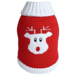 Red dog sweater with white trim and turtle neck. Features a rudolph design with a red nose