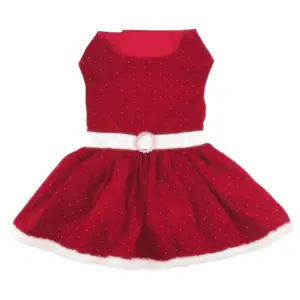 Red sparkly Velvet Dog Dress with a white velvet belt and a rhinestone buckle