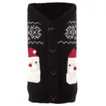 Black knitted dog cardigan with white snowflakes and Santa design with black buttons