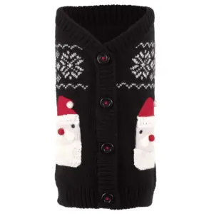 Black knitted dog cardigan with white snowflakes and Santa design with black buttons
