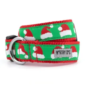 A festive Christmas dog collar on green with red santa hats design
