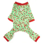 Green dog Pajamas with red trim, arms and legs with mini red santa hats design
