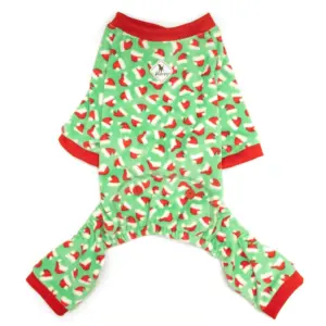 Green dog Pajamas with red trim, arms and legs with mini red santa hats design