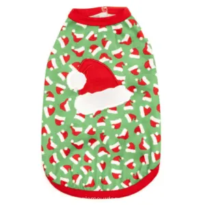 Green dog tank with red trim featuring a red Santa hat appliqué in the middle and santa hats design