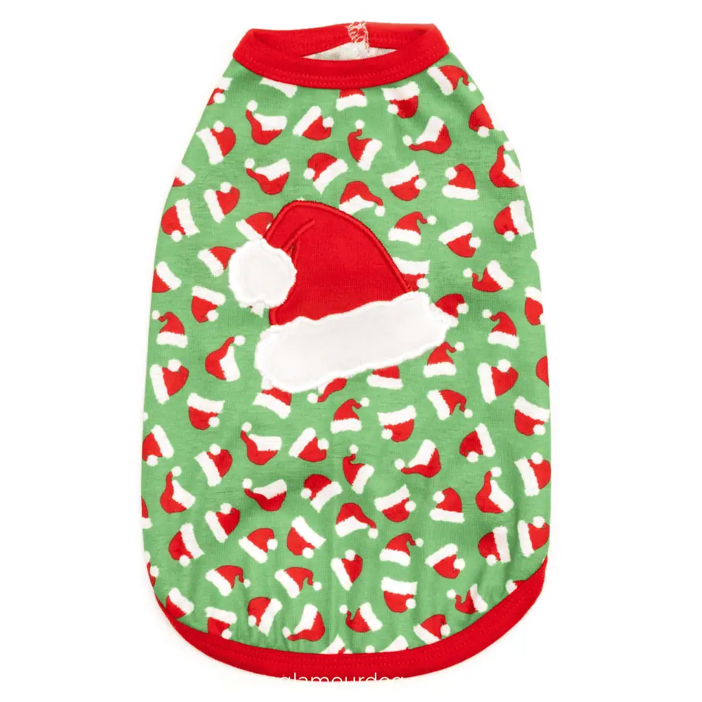 Green dog tank with red trim featuring a red Santa hat appliqué in the middle and santa hats design