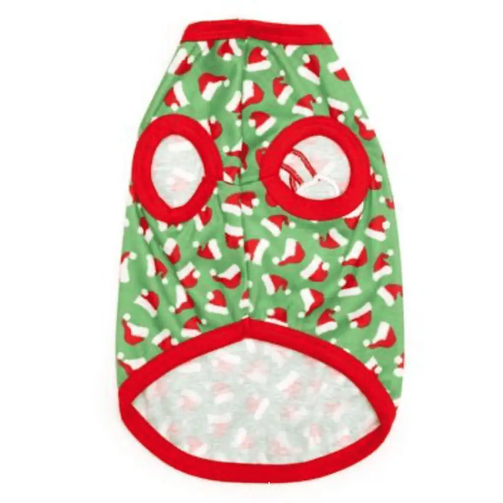underside of green dog tank with arm holes and red trim with red santa hats design