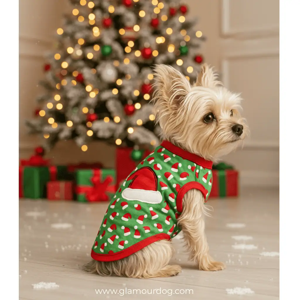 A Yorkie sitting in front of a Christmas tree with presents modeling a green tank with red trim that has a large red santa hat appliqué and mini red santa hats design