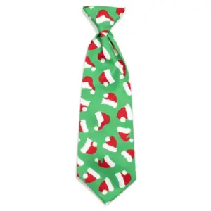 Green Christmas dog neck tie surrounded with red mini Santa hats