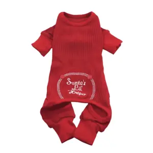 Red thermal dog pajamas with a white embroidered bottom with "Santa's Lil' Helper." With an open tail end for quick potty breaks