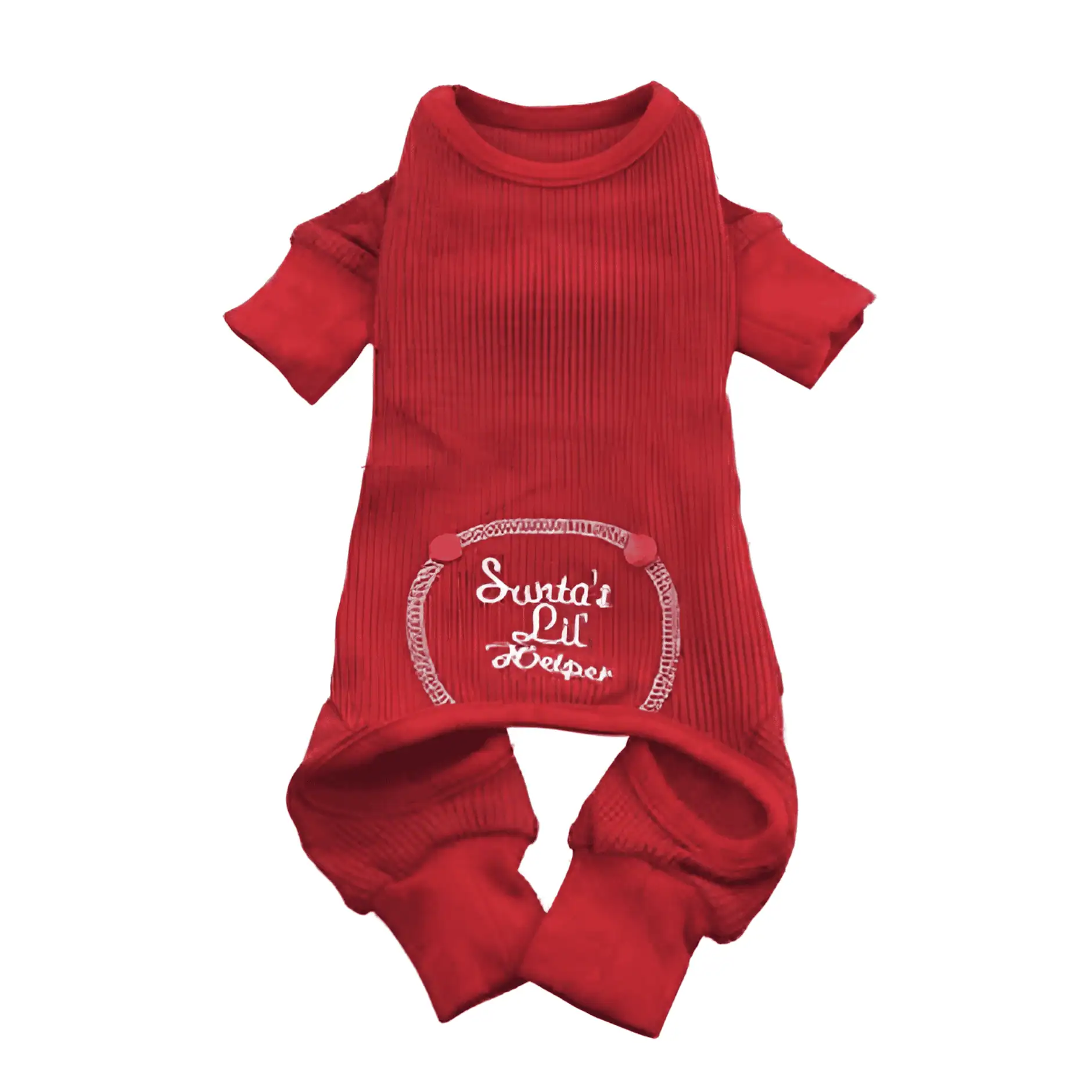 Red thermal dog pajamas with a white embroidered bottom with "Santa's Lil' Helper." With an open tail end for quick potty breaks