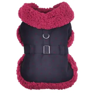 Black dog coat with burgundy sherpa collar and lining. The coat has a matching black belt and harness strap