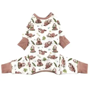 White dog pajamas with sloths design all over and brown trim