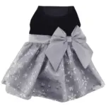 Black Velvet Dog Dress with a gray skirt overlaid with shimmery snowflakes. An oversized gray bow at the waist