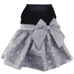 Black Velvet Dog Dress with a gray skirt overlaid with shimmery snowflakes. An oversized gray bow at the waist