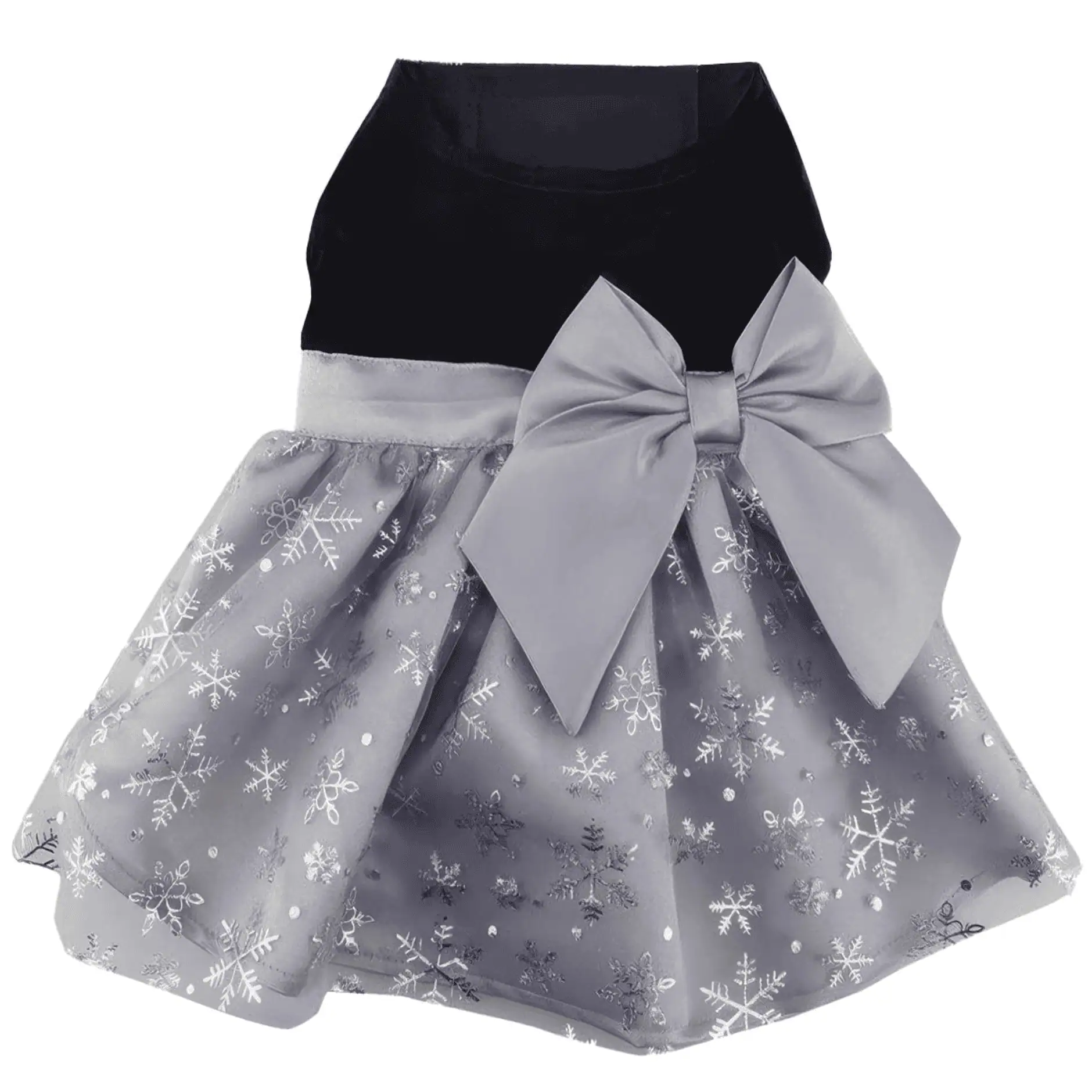 Black Velvet Dog Dress with a gray skirt overlaid with shimmery snowflakes. An oversized gray bow at the waist